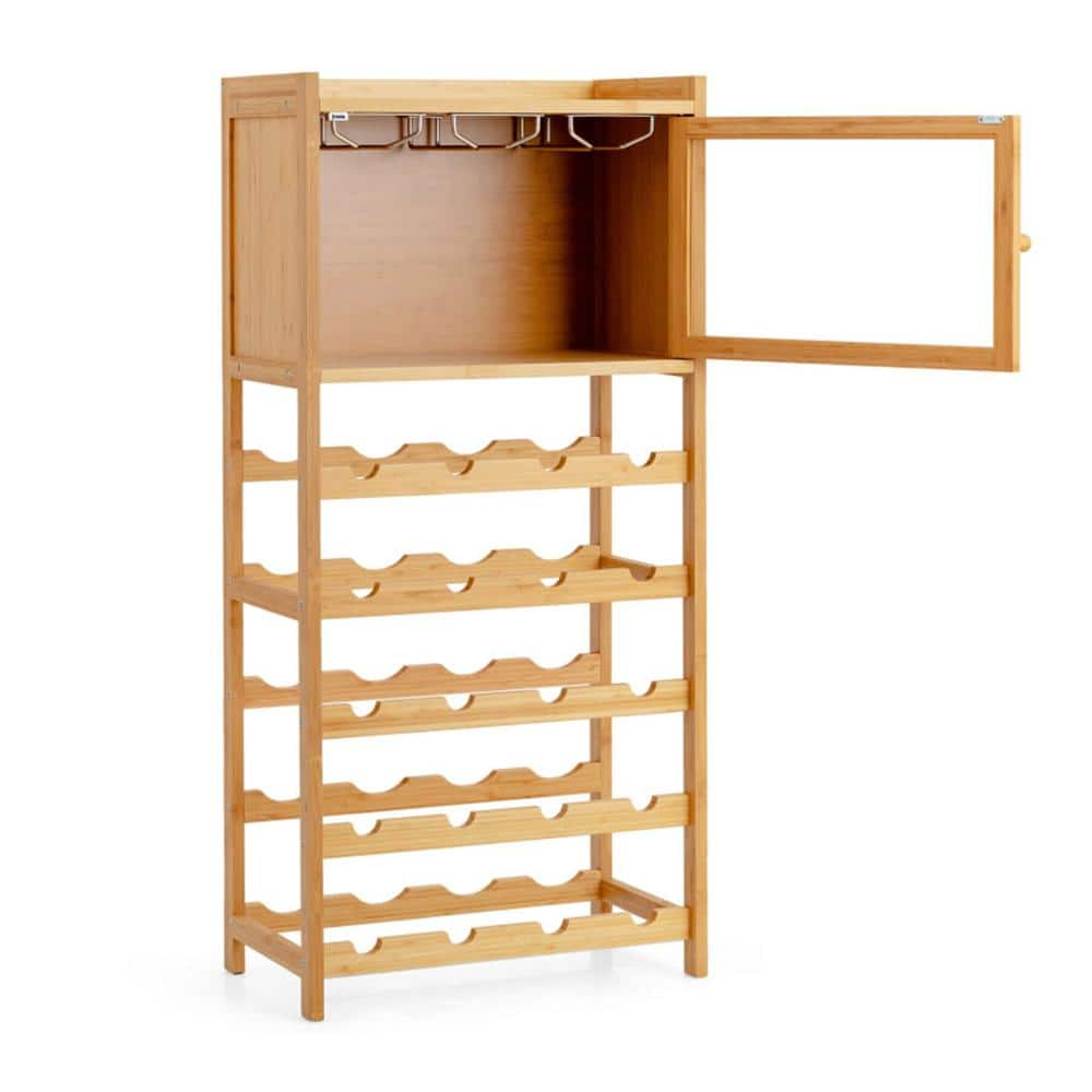 20-Bottle Yellow Freestanding Bamboo Wine Rack Cabinet with Display Shelf and Glass Hanger