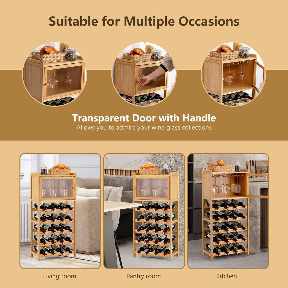 20-Bottle Yellow Freestanding Bamboo Wine Rack Cabinet with Display Shelf and Glass Hanger