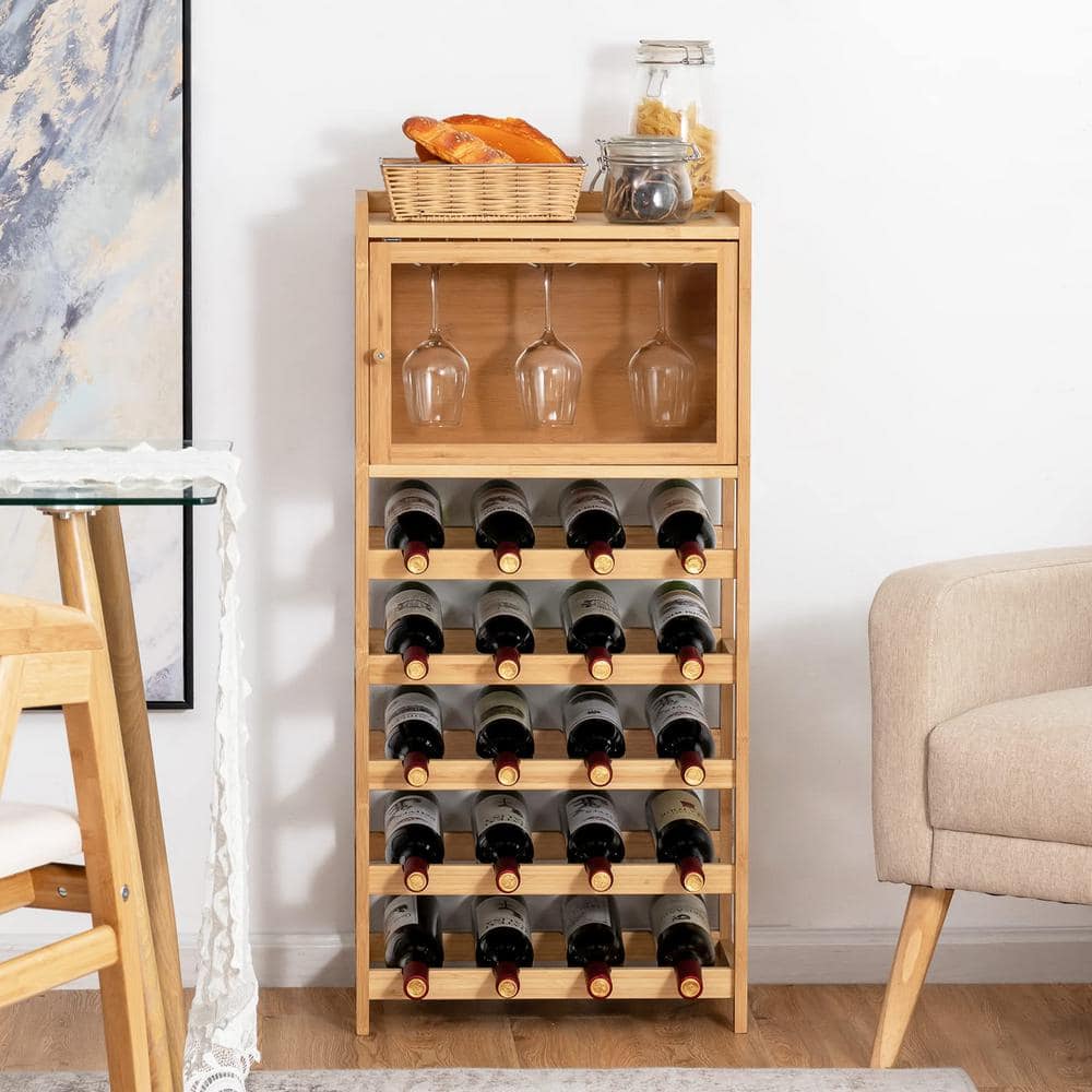 20-Bottle Yellow Freestanding Bamboo Wine Rack Cabinet with Display Shelf and Glass Hanger