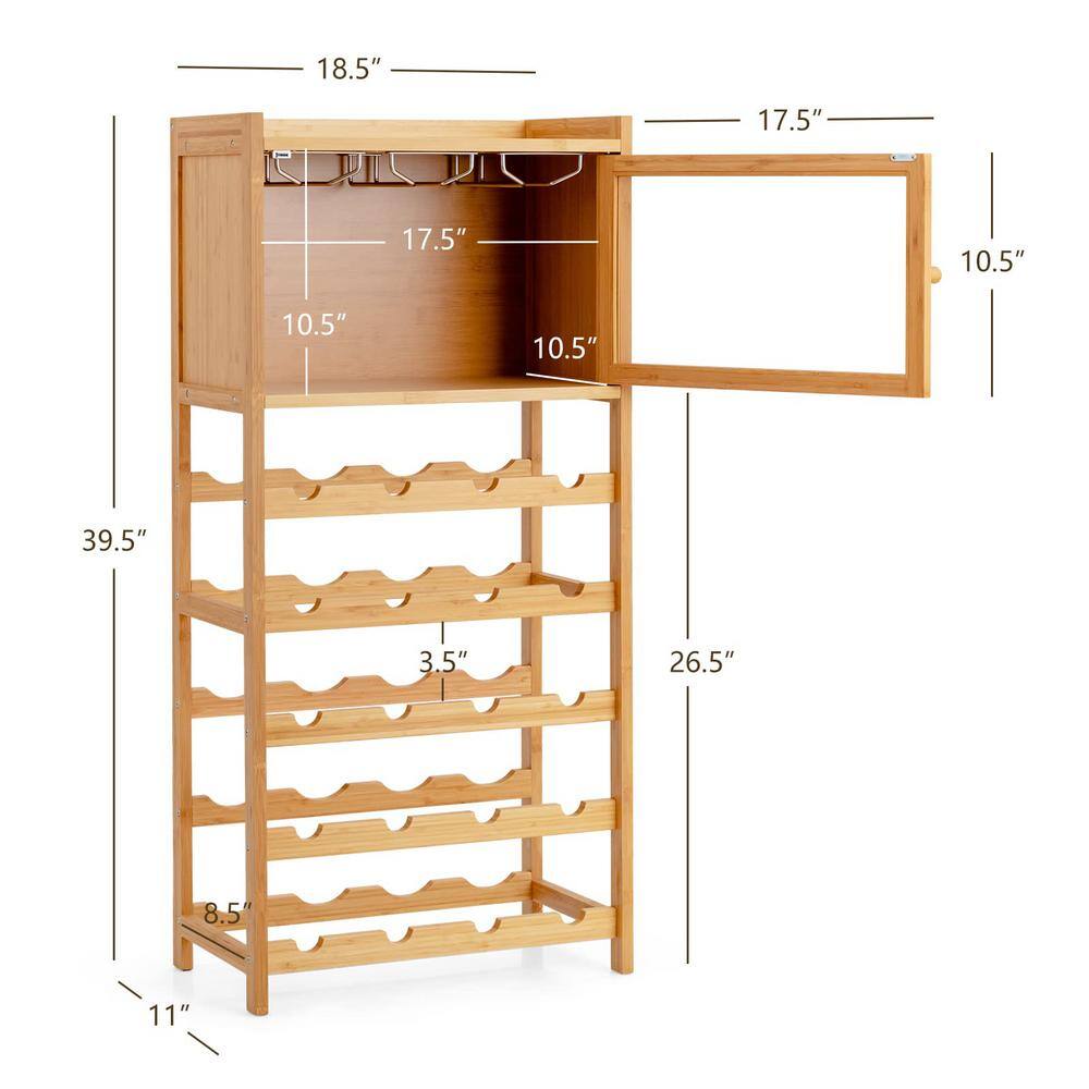 20-Bottle Yellow Freestanding Bamboo Wine Rack Cabinet with Display Shelf and Glass Hanger