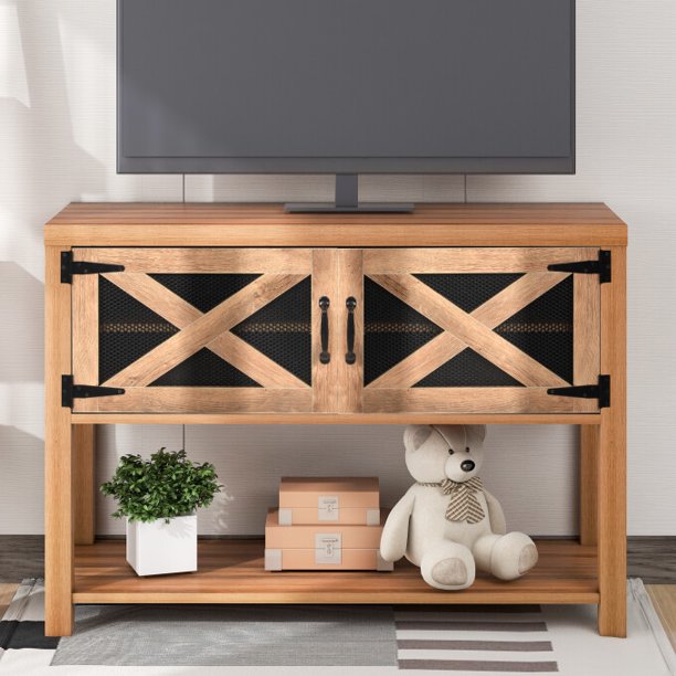 SUGIFT 44in TV Stand Wood Metal TV Console Industrial Entertainment Center Farmhouse with Storage Cabinets and Shelves for TVs Up to 44in Brown