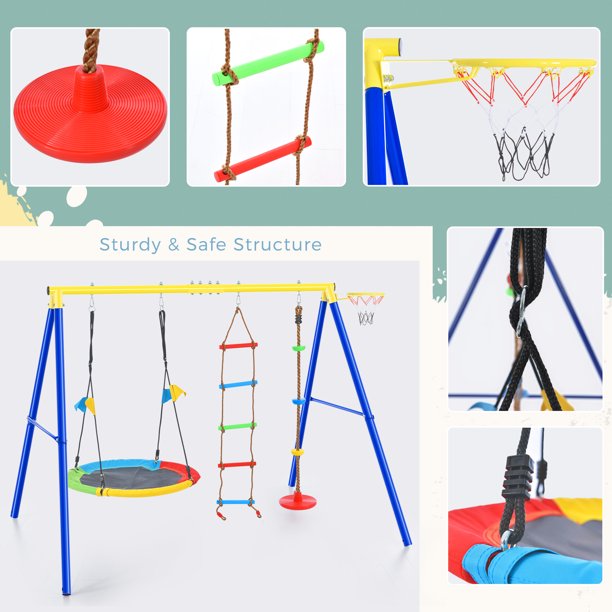 SUGIFT 4 in 1 Toddler Saucer Swing Set with Steel Frames, Climbing Rope with Disc Tree Swing Playset and Basketball Hoop