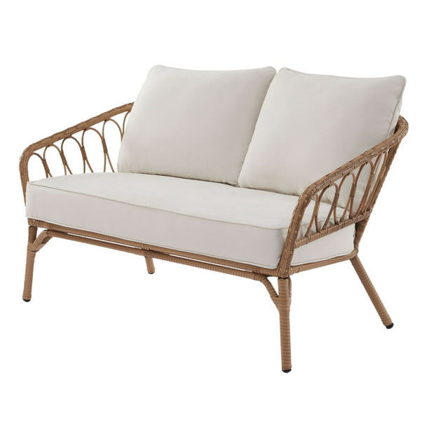 SUGIFT Willow Sage All-Weather Wicker Outdoor Loveseat and Ottoman Set, Beige