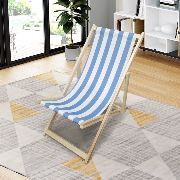 SUGIFT Beach Sling Chair, Lounge Striped Chair Outdoor, Reclining Beach Chair, Wooden Folding Adjustable Patio Chair, Light Blue