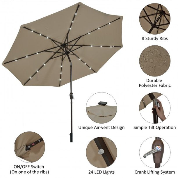 10 Feet Outdoor Umbrella Solar LED Lighted Patio Market Umbrella Shade Tilt Adjustment Crank