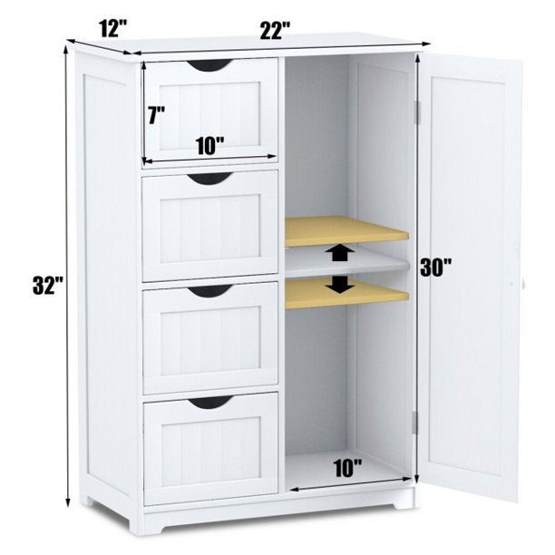 SUGIFT Wooden 4 Drawer Cabinet Free Standing Storage Cupboard 2 Shelves,White