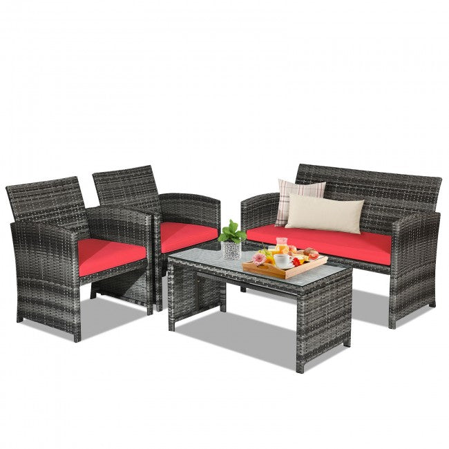 SUGIFT4 Pieces Patio Rattan Furniture Set with Glass Table and Loveseat,Red