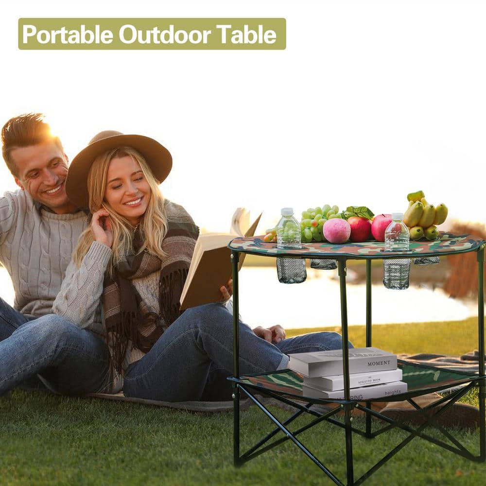 Camouflage Foldable Camping Table with 4-Cup Holders