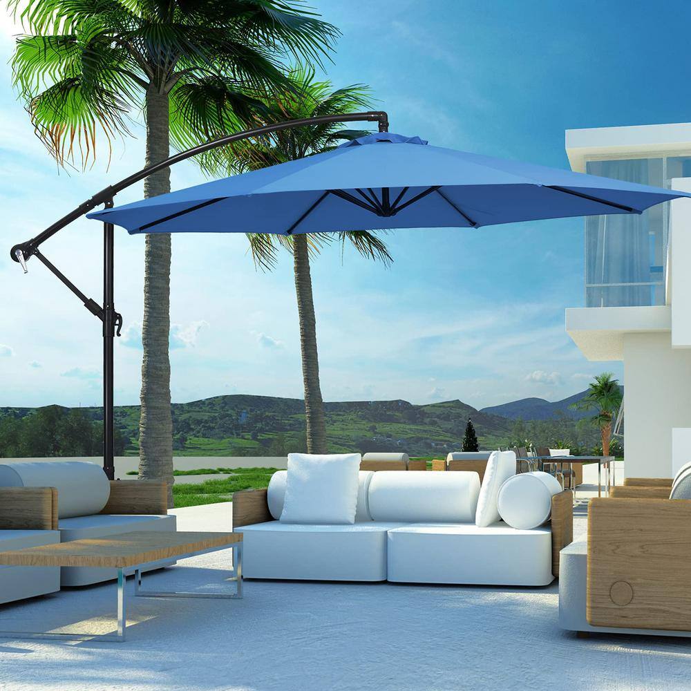 10 ft. Adjustable Tilt Cantilever Aluminum Solar Patio Umbrella Cross Base in Navy