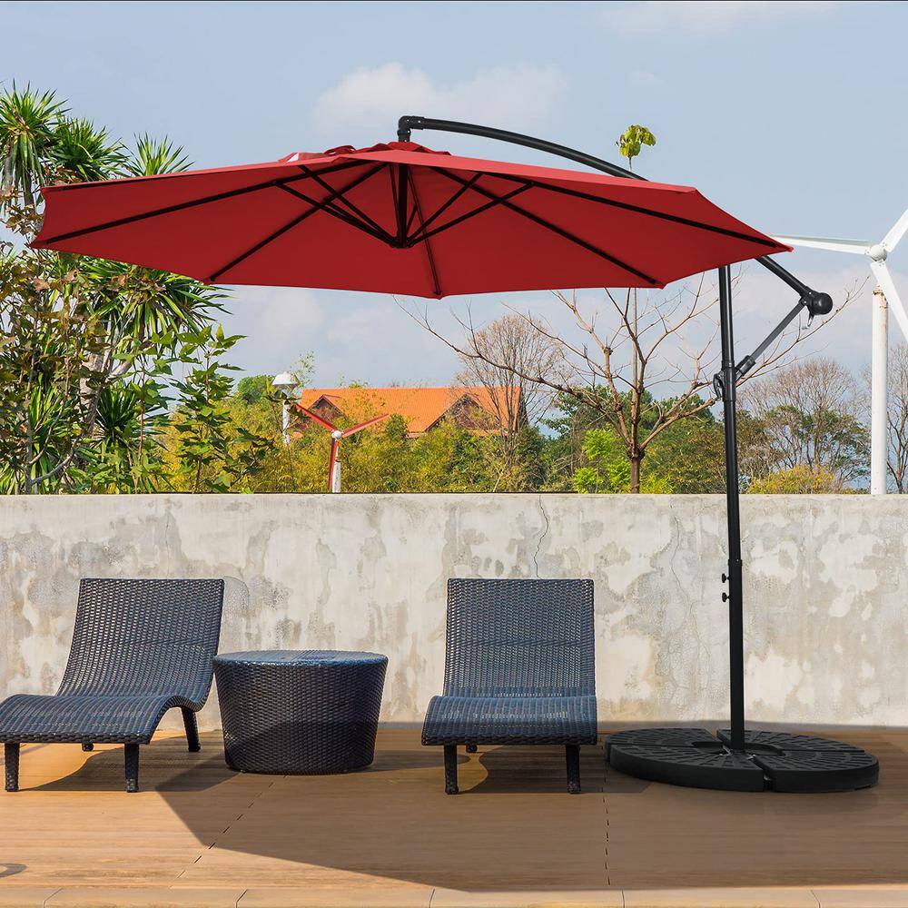 10 ft. Adjustable Tilt Cantilever Aluminum Solar Patio Umbrella Cross Base in Red