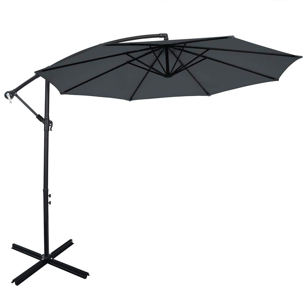 10 ft. Adjustable Tilt Cantilever Aluminum Solar Patio Umbrella Cross Base in Gray