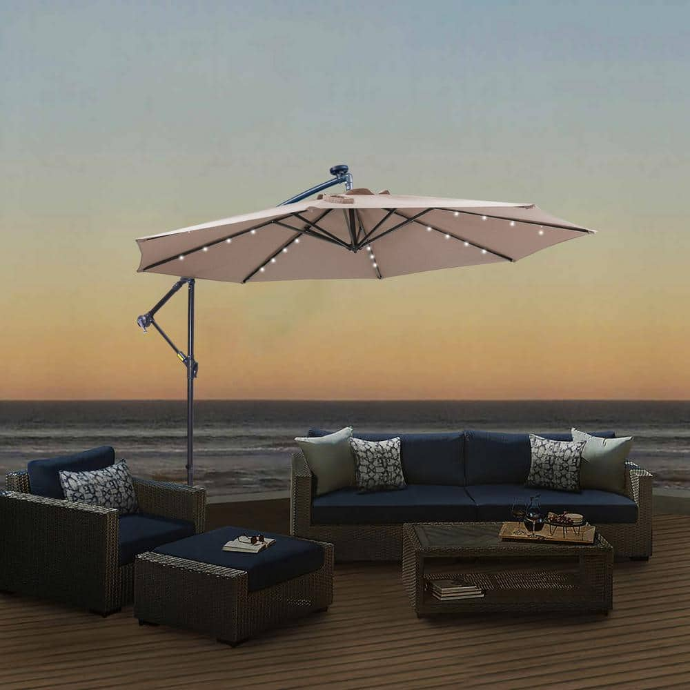 10 ft. Metal Pole Cantilever Solar Patio Umbrella with 32 LED Lights in Taupe