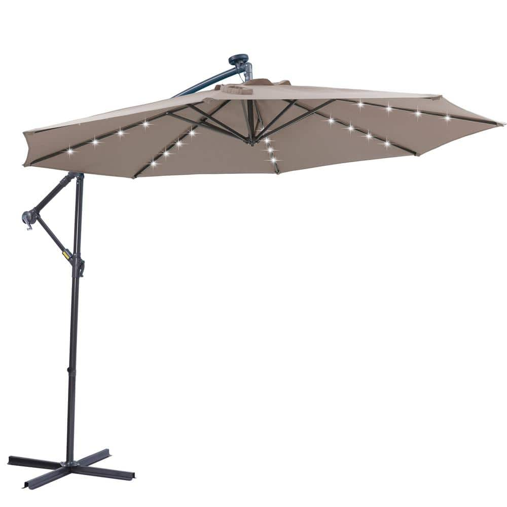 10 ft. Metal Pole Cantilever Solar Patio Umbrella with 32 LED Lights in Taupe