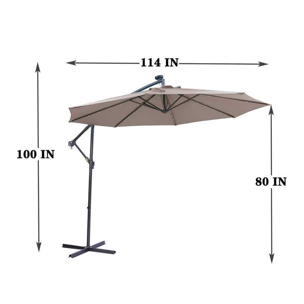 10 ft. Metal Pole Cantilever Solar Patio Umbrella with 32 LED Lights in Taupe