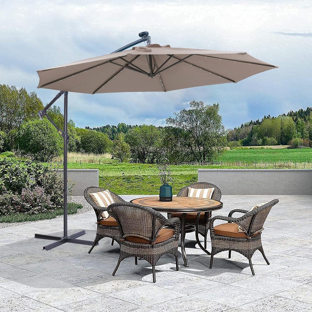 10 ft. Metal Pole Cantilever Solar Patio Umbrella with 32 LED Lights in Taupe