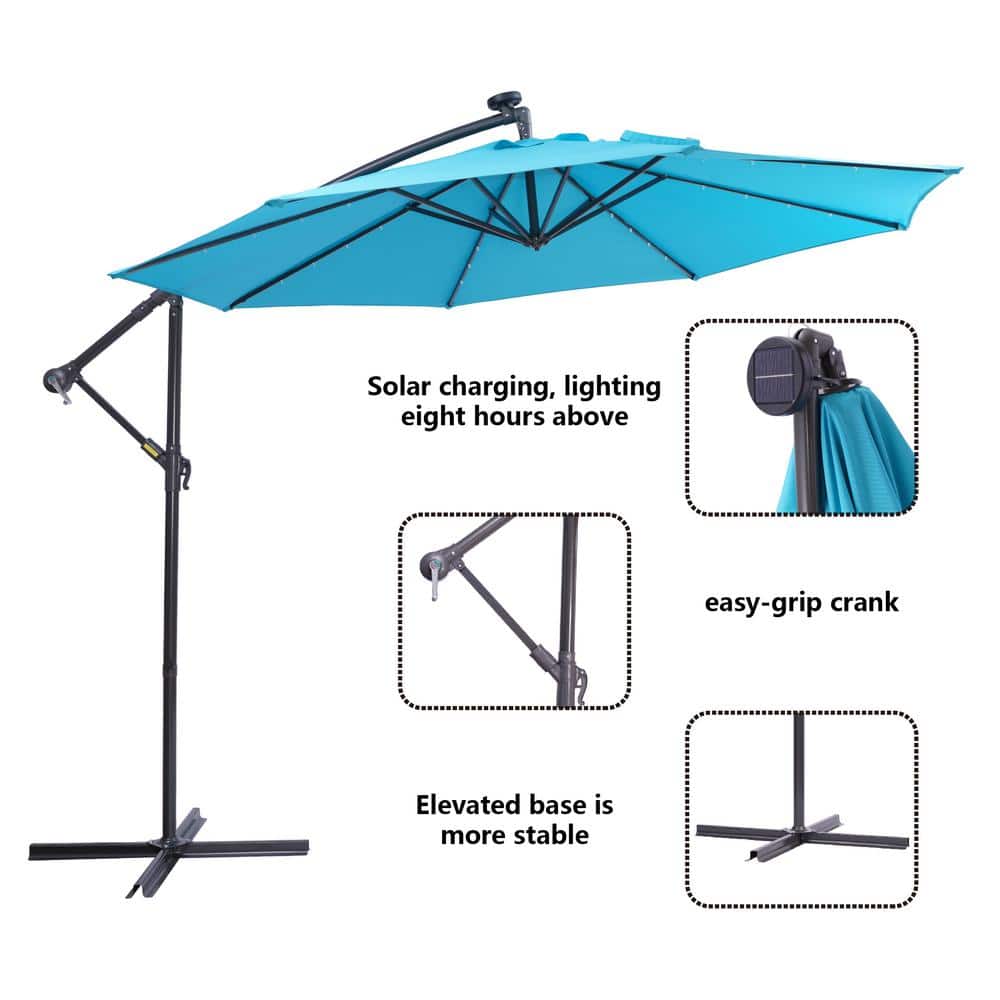 10 ft. Metal Pole Cantilever Solar Patio Umbrella with 32 LED Lights in Blue