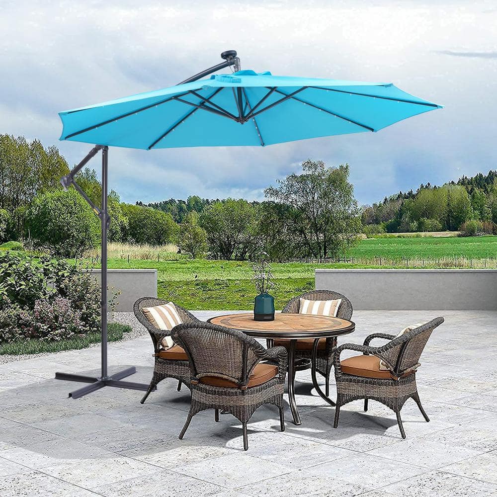 10 ft. Metal Pole Cantilever Solar Patio Umbrella with 32 LED Lights in Blue