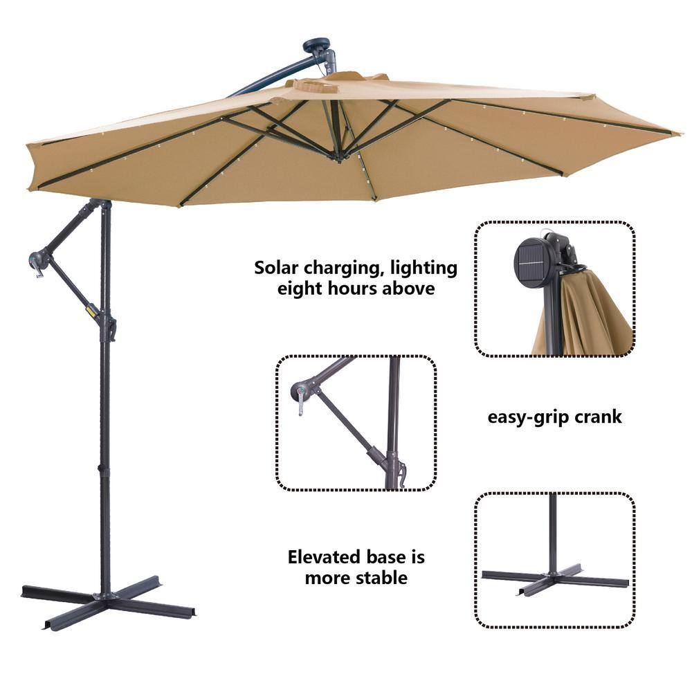 10 ft. Metal Pole Cantilever Solar Patio Umbrella with 32 LED Lights in Light Brown