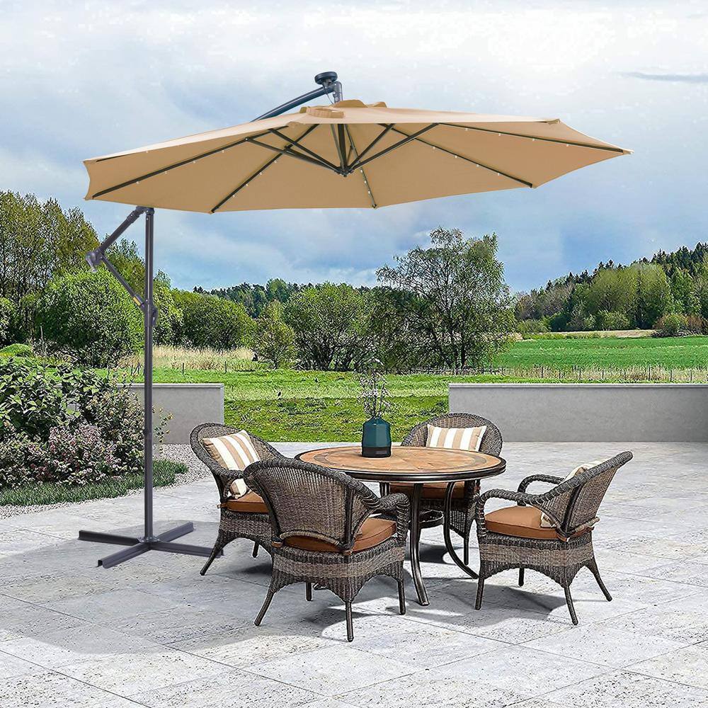 10 ft. Metal Pole Cantilever Solar Patio Umbrella with 32 LED Lights in Light Brown