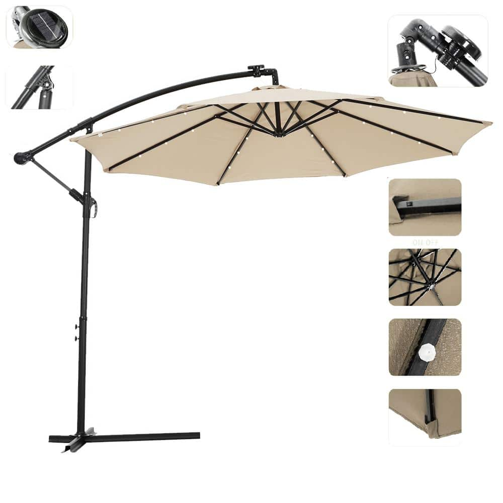 10 ft. Metal Pole Cantilever Solar Patio Umbrella with 32 LED Lights in Beige