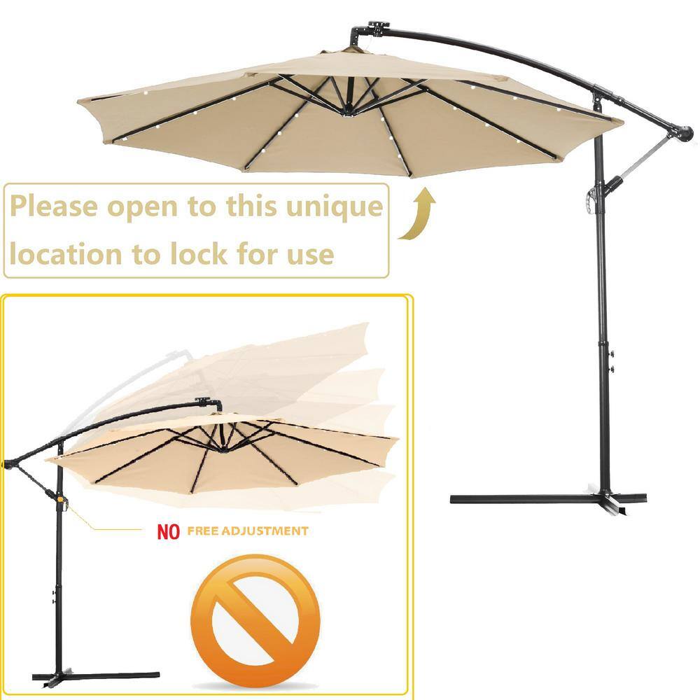 10 ft. Metal Pole Cantilever Solar Patio Umbrella with 32 LED Lights in Beige