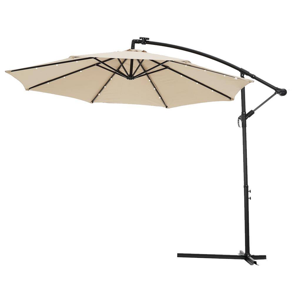 10 ft. Metal Pole Cantilever Solar Patio Umbrella with 32 LED Lights in Beige