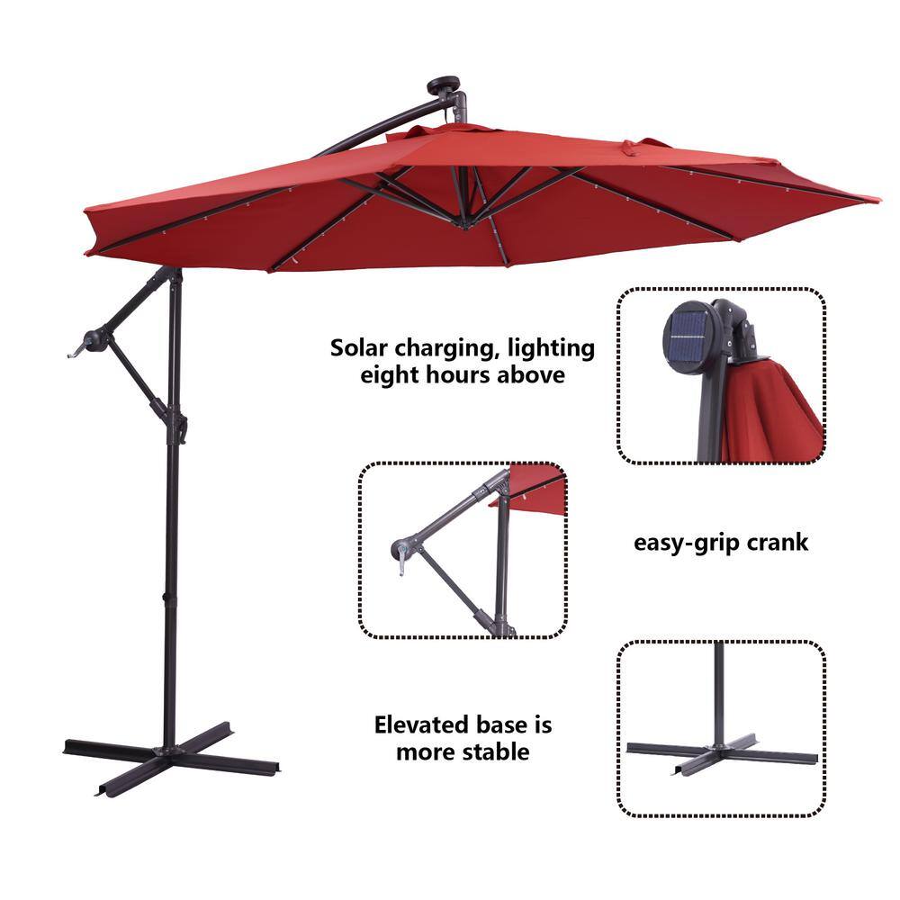 10 ft. Metal Pole Cantilever Solar Patio Umbrella with 32 LED Lights in Red