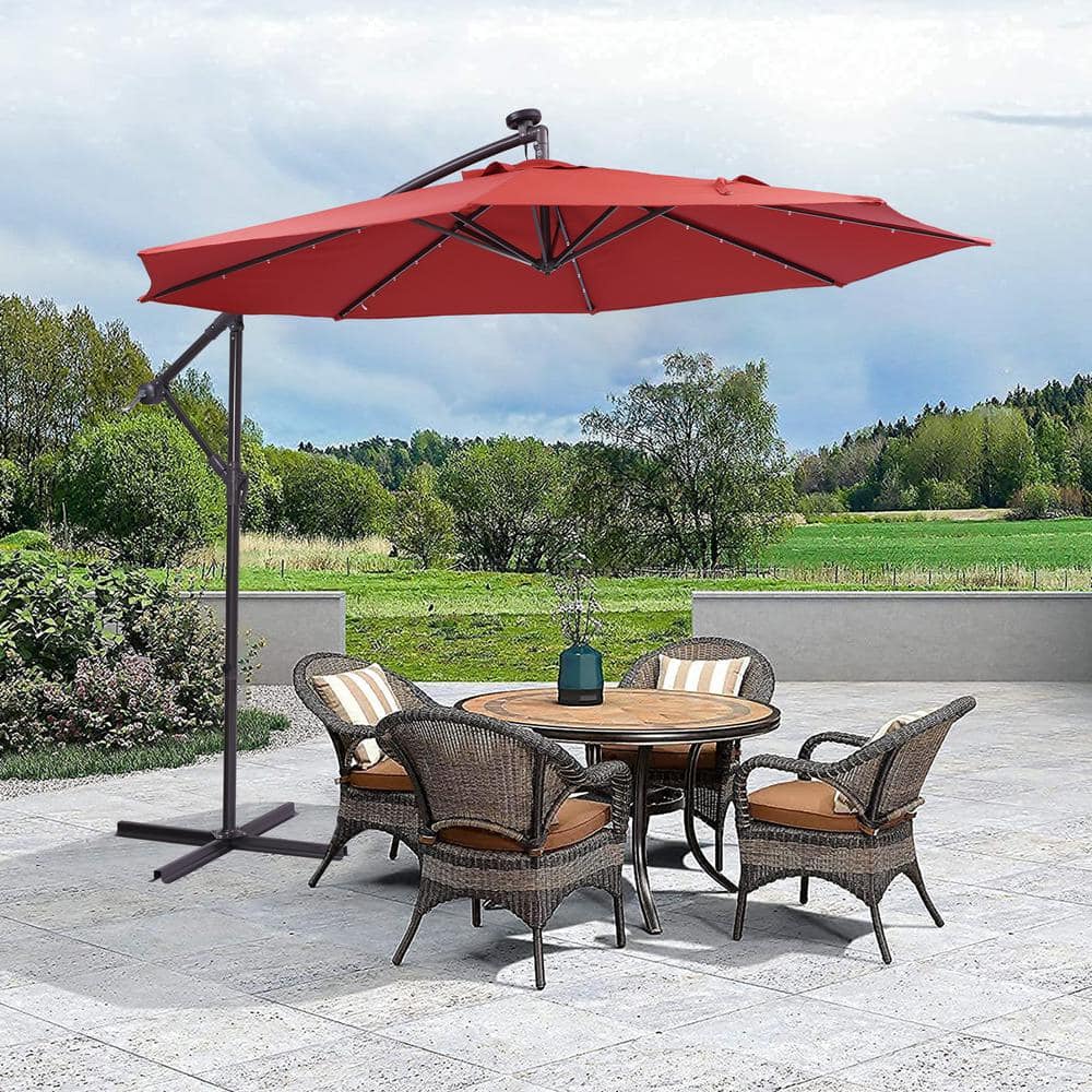 10 ft. Metal Pole Cantilever Solar Patio Umbrella with 32 LED Lights in Red