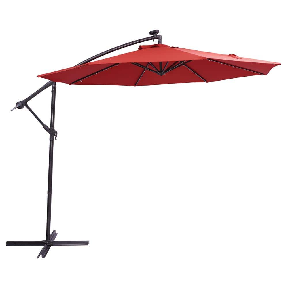 10 ft. Metal Pole Cantilever Solar Patio Umbrella with 32 LED Lights in Red