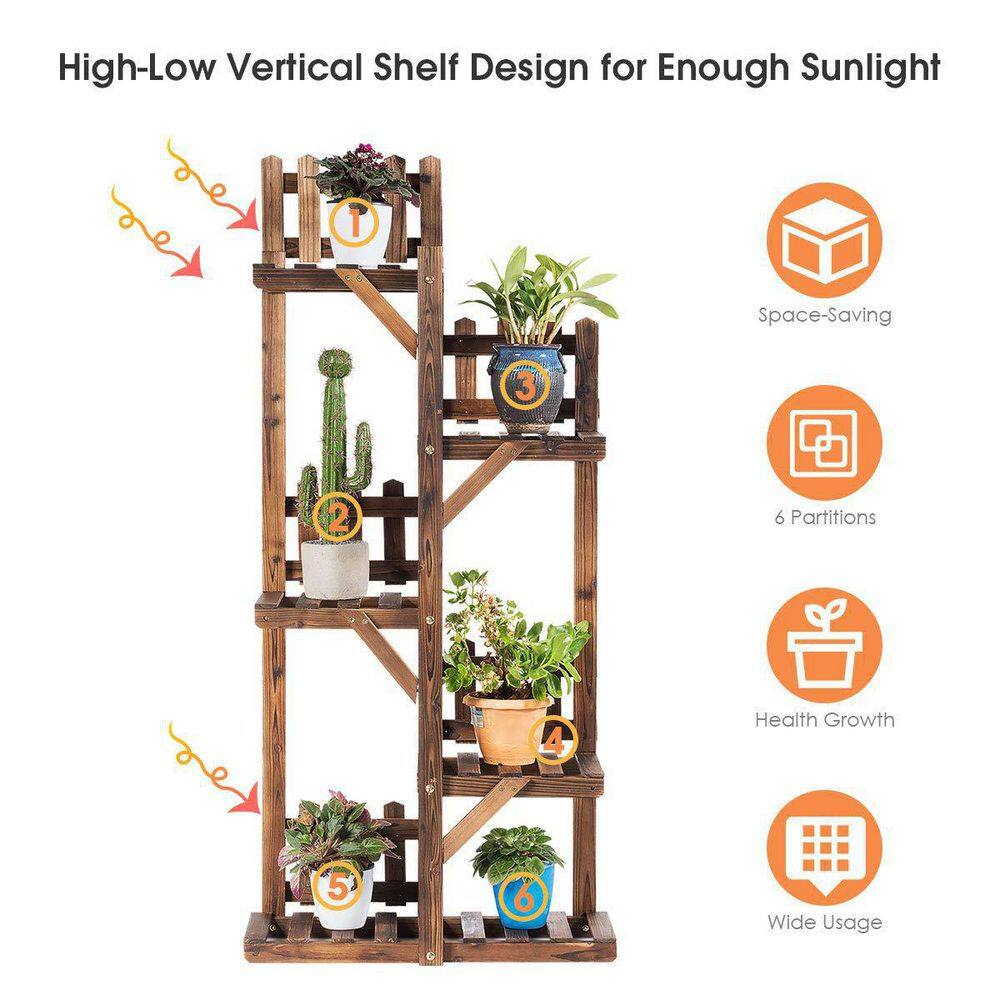 24in. L x 10 in. x 51.5 in. Outdoor Brown Wood Plant Stand (5-Tiers) 6-Pots Display Stand