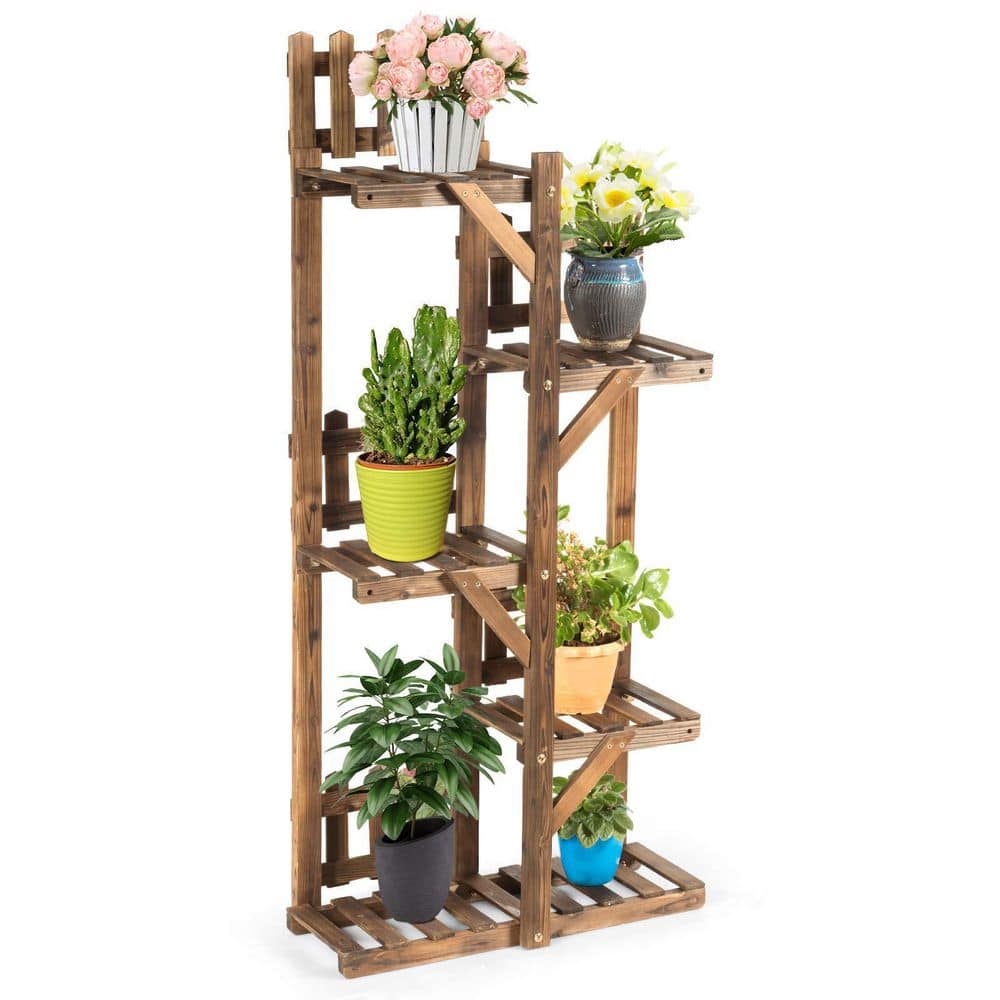 24in. L x 10 in. x 51.5 in. Outdoor Brown Wood Plant Stand (5-Tiers) 6-Pots Display Stand