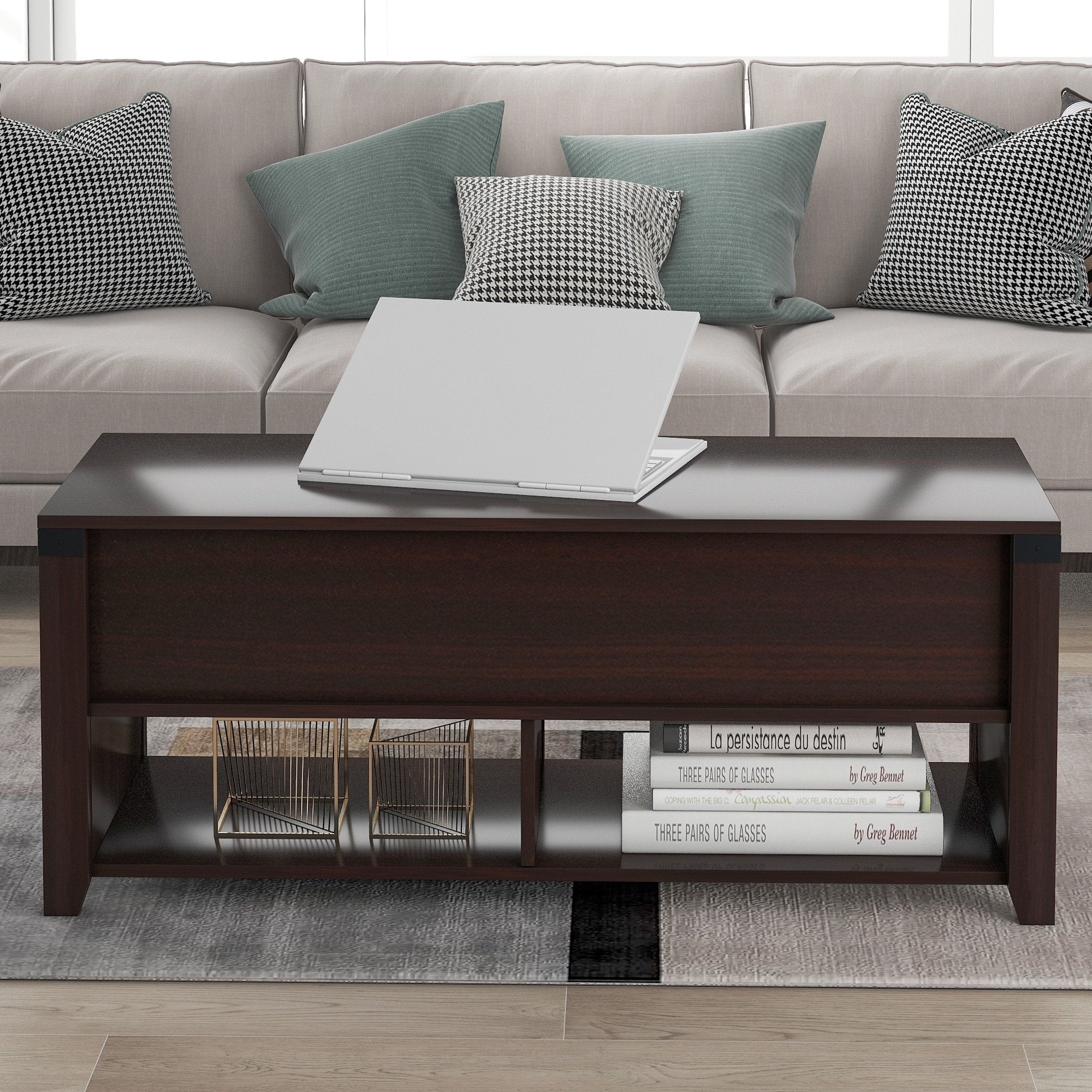 SUGIFT Multipurpose Coffee Table with Drawers ,open shelf and Storage, Lifting Top Table for Living Room Cherry