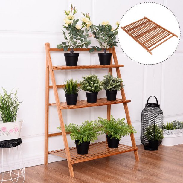 SUGIFT Plant Storage Shelf 3-tier Folding Bamboo Flower Shelf