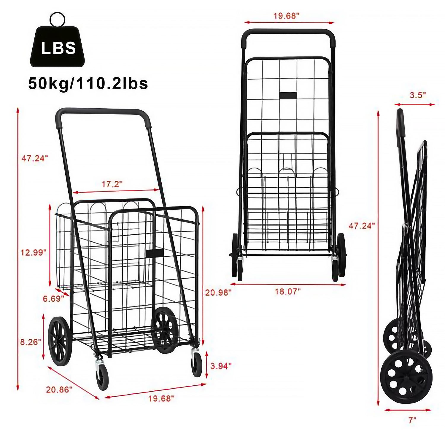 SUGIFT Iron 1200mm Telescopic Armrest 0.8mm No. 16 Round Tube 50kg Black Foldable Shopping Cart