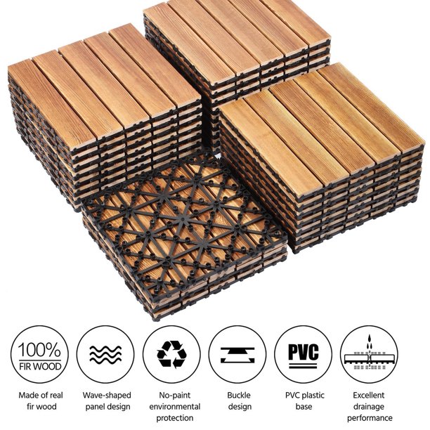 SUGIFT Patio Deck Tiles,12inx12in Interlocking Flooring Tiles in Solid Fir Wood Oiled Finish (Set of 27)