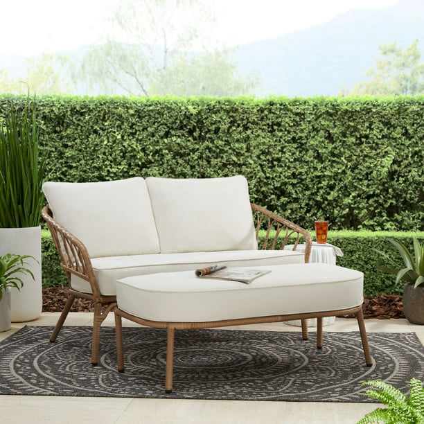 SUGIFT Willow Sage All-Weather Wicker Outdoor Loveseat and Ottoman Set, Beige