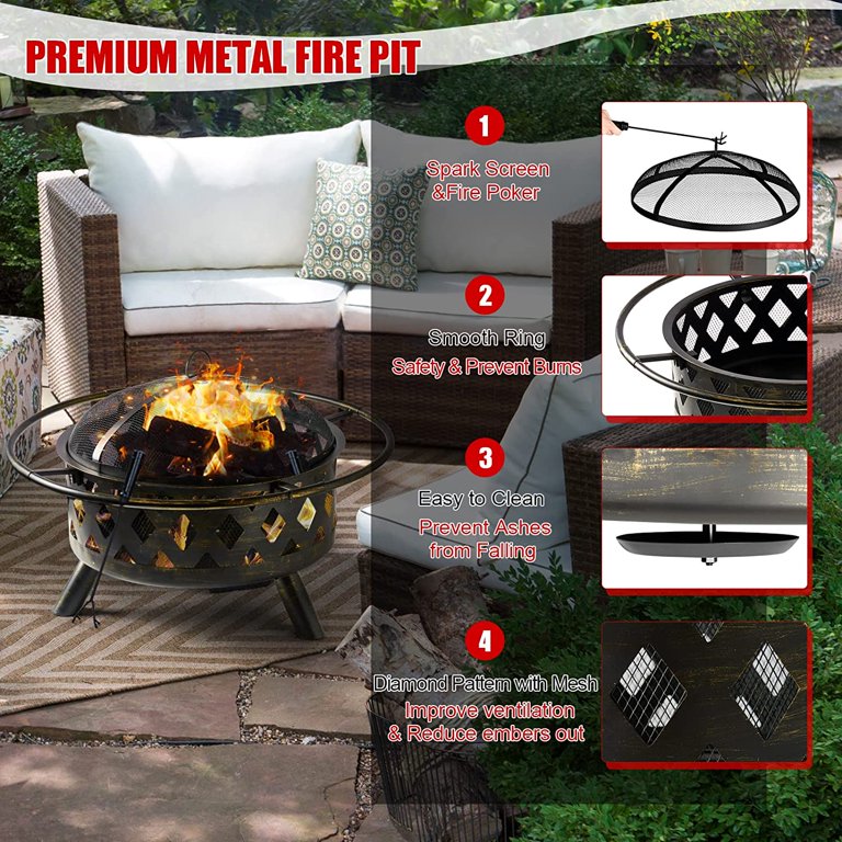 30 Inch Fire Pits for Outside Wood Burning Outdoor Large FirePit Round Steel Firepit for Patio Backyard Garden Outdoor Heating,with Spark Screen,Log Grate,Poker, Black