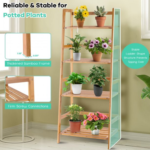 SUGIFT Multifunctional 4 Shelf Bamboo Plant Flower Storage Stand Rack Organizer