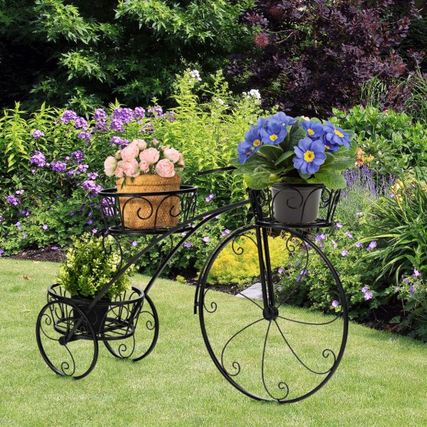 SUGIFT Plant Storage Tricycle Plant Stand Flower Pot Cart Holder in Parisian Style