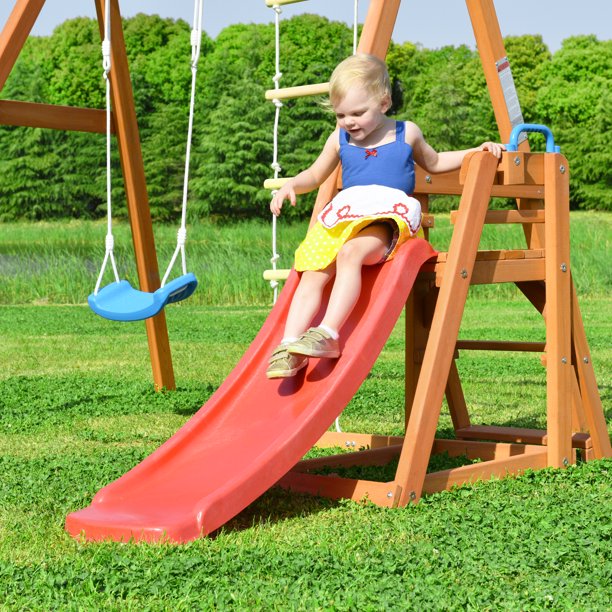 SUGIFT Wooden Swing Set with Slide Climb Swing Outdoor Play Structure for Toddlers Kids Wooden Swing-N-Slide Set Kids Climbers