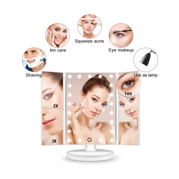 SUGIFT Vanity Lighted 10X 3X 2X 1X Magnifying with 22 LED Lights, Touch Screen, Trifold Makeup Mirror, White