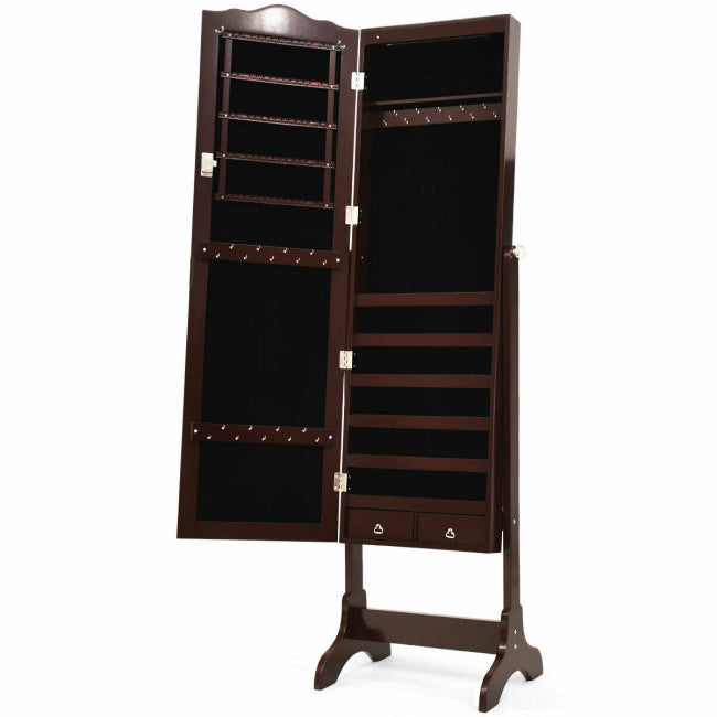 SUGIFT Mirrored Jewelry Cabinet Storage with Drawer and Led Lights,Coffee