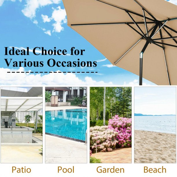 9 Feet Outdoor Umbrella Solar LED Market Umbrella with Aluminum Crank Tilt 16 Strip Lights