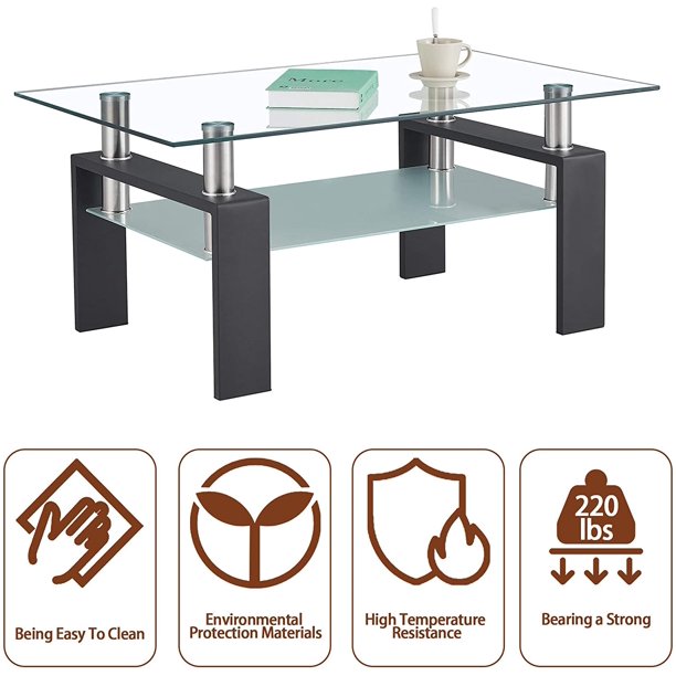SUGIFT Rectangle Glass Coffee Table 2-Tier Tea Table Modern Side Coffee Table for Living Room Black