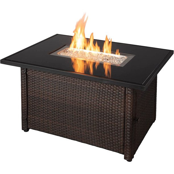 Rectangular 40000 BTU Liquid Propane Gas Outdoor Fire Pit Table with White Fire Glass, Center Insert and Cover, Brown/Black