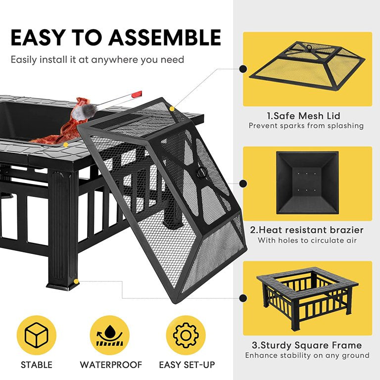 32 Inch Heavy Duty 3 in 1 Metal Square Patio Firepit Table