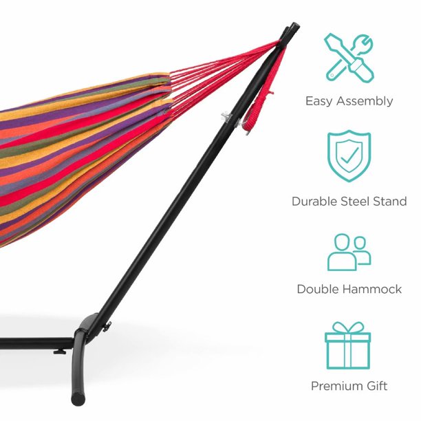 Hammock 2-Person Brazilian-Style Cotton Double Hammock Bed w/ Carrying Bag, Steel Stand, Rainbow