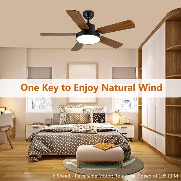 SUGIFT 44 inch Ceiling Fan with LED Light and Remote Control, 6-Speed Modes, 2 Rotating Modes , Timer