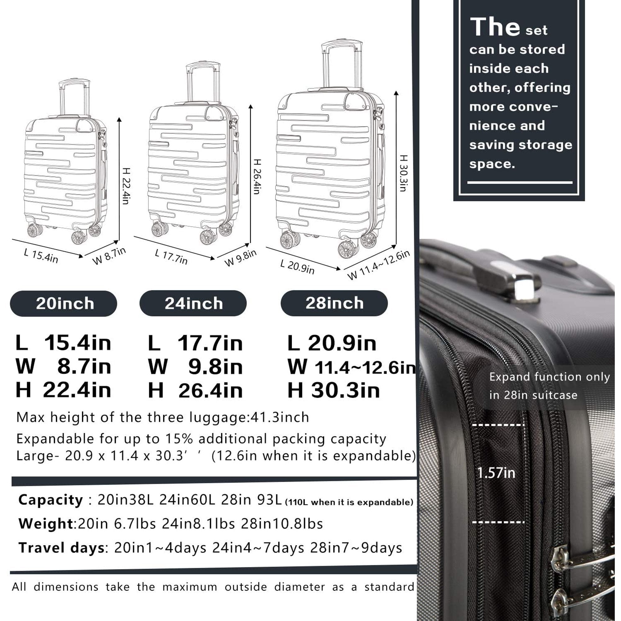 Expandable Luggage Sets with Double Spinner Wheels, 3 Piece Hard Suitcase Set for Short Trips and Long Travel, Black