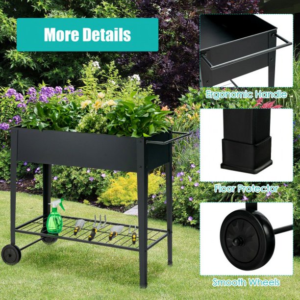 Elevated Planter Box on Wheels with Non-slip Legs and Storage Shelf Cart